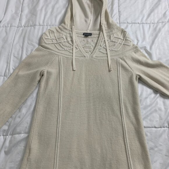 Eddie Bauer Women’s Cream Knit Hoodie – Small, V-Neck, Intricate Shoulder Detail - Picture 12 of 16